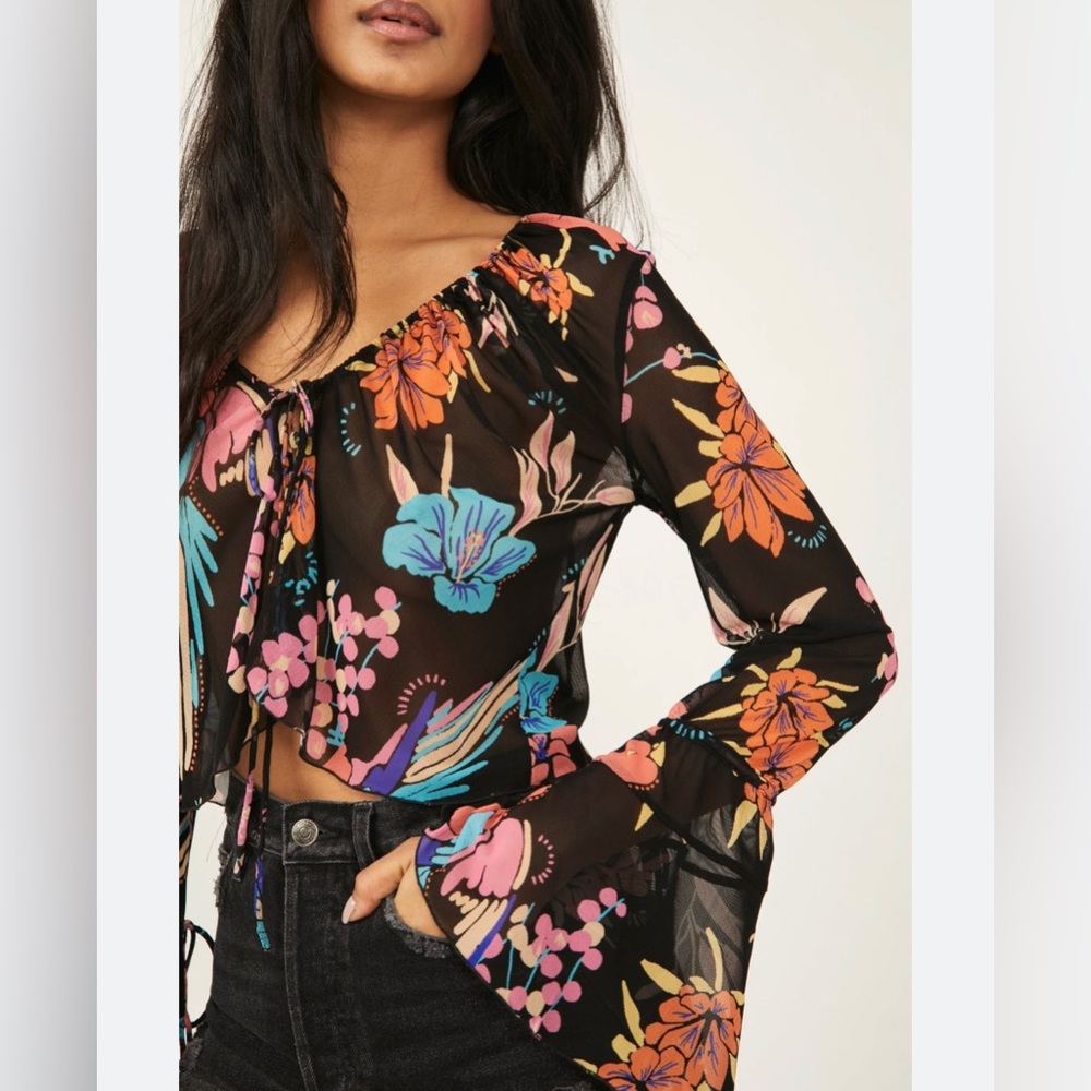 Sheer floral bell sleeve top